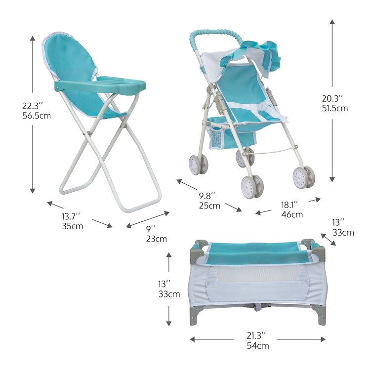 Dolls pram cot high chair set hotsell